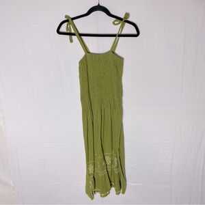 Women’s Chartreuse Green Smocked Top Embroidered Summer Dress Sun Dress S